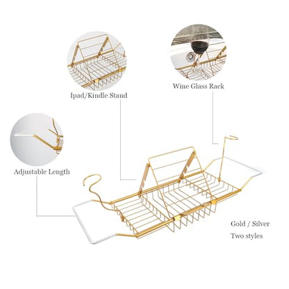 Bathtub Tray,Stainless Steel Shower Bathtub Caddy Tray with Removable Book Holder Red Wine Rack Holder, for Home Kitchen Bathroom,Gold