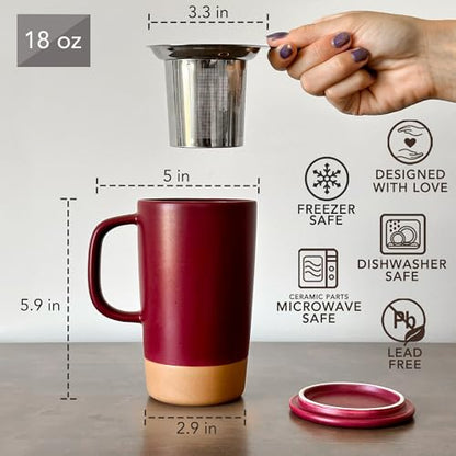 Mora Ceramics Large Tea Mug with Loose Leaf Infuser and Ceramic Lid, 18 oz, Portable, Microwave and Dishwasher Safe, Tall Coffee Cup - Rustic Matte Ceramic Glaze, Modern Herbal Tea Strainer, Merlot - color: Merlot