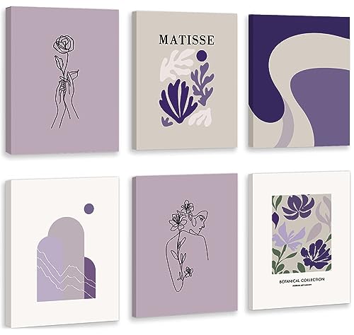 CHDITB Matisse Theme Wall Decor Purple Flowers Canvas Prints Minimalist Floral Framed Set of 6(12”X16”)Matisse Wall Art Posters Abstract Matisse Botanical Decor for Living Room Dress Room Girls Room - color: Matisse, size: 12x16 inches