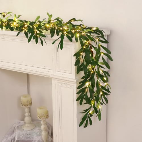 2 Pack Olive Garland with Lights, 6FT Prelit Christmas Garland with Timer | Artificial Christmas Greenery Twig for Mantle Fireplace Wedding Stairs Xmas Decor - color: Olive Garland - 2pcs