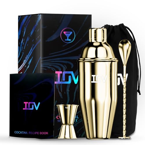 IOV Cocktail Shaker Bar Set, 24oz Martini Shaker with Built-in Strainer, Bar Tool Kit with Recipes Booklet, Professional Stainless Steel Large Bartender Drink Shaker Margarita Alcohol Mixer- Gold - color: 3 Pcs - Gold