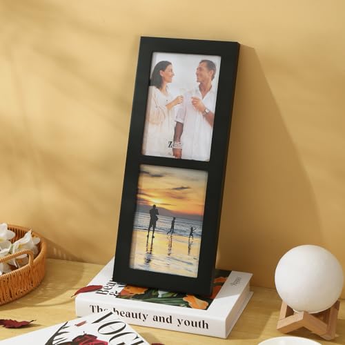 6x4 2-Opening Collage Picture Frame Black Wood | Two 4x6 openings, shatter-resistant glass, tabletop & wall mount - size: 6x4 - 2 Opening
