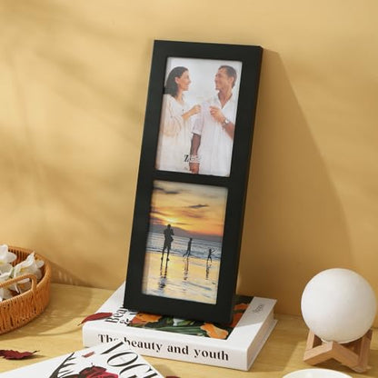 6x4 2-Opening Collage Picture Frame Black Wood | Two 4x6 openings, shatter-resistant glass, tabletop & wall mount - size: 6x4 - 2 Opening