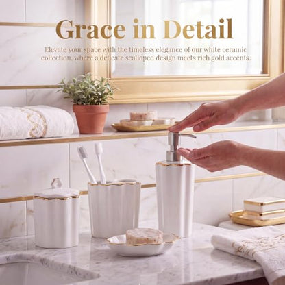 Zhehao Scalloped Bathroom Ceramic Accessories Set 4 Pcs Bathroom Accessory Sets with Toothbrush Holder Soap Dispenser Soap Dish Cotton Swab Jar Bathrooms Countertop Organizer(Gold) - color: Gold
