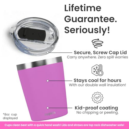 CUPKIN Toddler Tumblers, The Original 12 oz Stackable Stainless Steel Cups, Set of 2 Powder Coated Insulated Kids Water Bottle Alternative + BPA Free Lids + Reusable Silicone Straws (Green + Pink) - color: Green + Pink, size: 12 Fl Oz (Pack of 2)