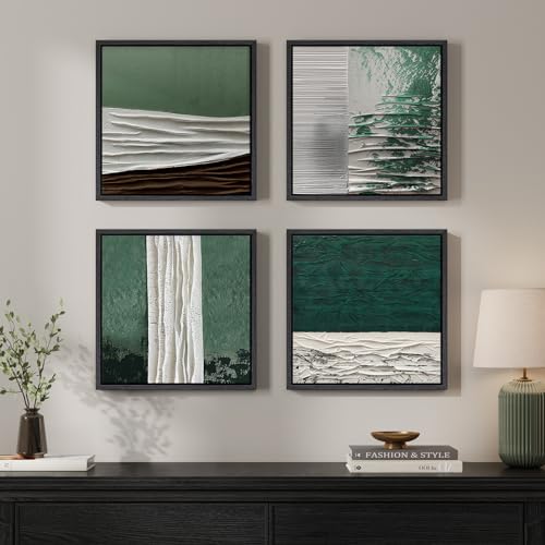Framed Green Abstract Wall Art for Living Room, 4 Piece Modern Neutral Canvas Prints Artwork for Walls, Minimalist Contemporary Square Wall Art for Bedroom Dining Room Office Decor, 12x12 Inch - color: Green