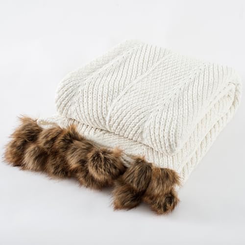 Chunky Chenille Knit Throw Blanket with Pom Pom Trim 50"x60" | Soft Fuzzy knitted Luxurious Decorative Thermal Warm Farmhouse for Bed Sofa Chair Gift White - color: 6-white With Pom-pom Edge, size: 50"x60"