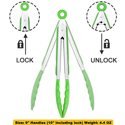 HINMAY Silicone Tongs 9" Stainless Steel Kitchen Tongs, Set of 3 (Green) - color: Green