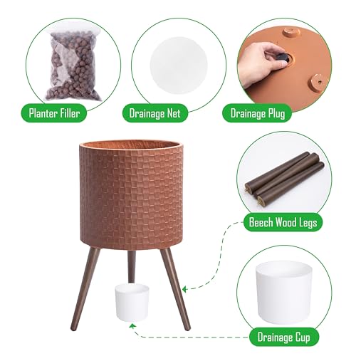D'vine Dev Planter Pot with Wood Stand, 14 in, Terra Cotta, 88-Z-D-3 | Mid-Century Modern Style, Elevated Plant Display, Drainage Hole and Plug, Functional & Stylish, Modern Indoor Planter - color: Terra Cotta, size: X-Large
