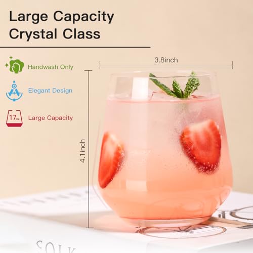 JOVGANK Pink Stemless Wine Glasses Set of 6 - Hand Blown White Red Stemless Wine Glass - 17 oz, [Lead-Free Crystal Glass] Large Short Glass Tumblers, Housewarming Gifts and Mother's Day Gift - color: Pink