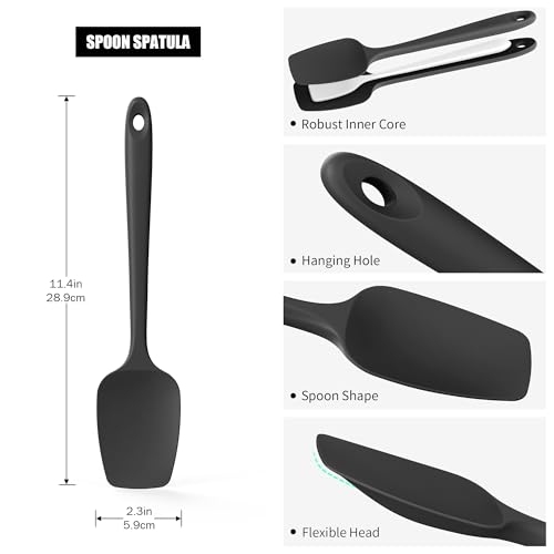 Doosu 16in Kitchen Tong for Cooking - 600°F Heat Resistant Food Tong with Non-Scratch Silicone Tips & 600°F Heat Resistant Silicone Spoon Spatula Set of 3 Cooking Spoons for Stir Mixing (Black)