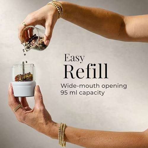 Styled Settings Electric Salt and Pepper Grinder Set, White | Automatic White and Gold Electric Salt and Pepper Shakers with Wood Base, LED Light, Battery Operated, Adjustable Coarseness - color: White