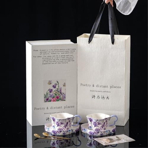 Ceramic Tea Cup and Saucer Set with Butterfly Floral Design, Purple, for Home and Office Use, Poetry & Distant Places Collection, 2-Cup Set with Gift Box