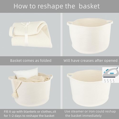 XUANGUO Extra Large Cotton Rope Round Storage Basket 22" x 14" White | Woven basket for blankets, toys, towels, laundry, nursery, living room and pet toy storage. - color: white
