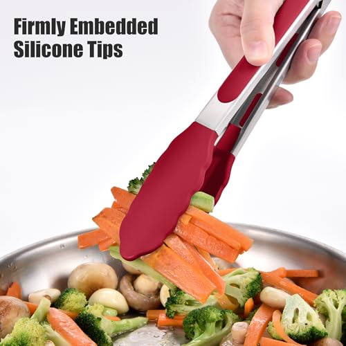 Doosu 7+9+12in Kitchen Tongs for Cooking - 600°F Heat Resistant Food Tongs with Non-Scratch Silicone Tips & 600°F Heat Resistant Silicone Large Spatula Scraper BPA Free Seamless Baking Supplies (Red)