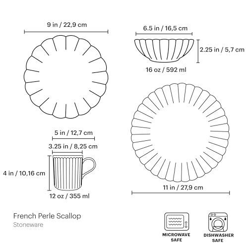 Lenox French Perle Scallop White Stoneware 4-Piece Dinnerware Set for 1 | dishwasher safe, microwave safe | plates and bowls sets for kitchen and dining | 11 inch plate, dish set - style: 4-Piece Place Setting White