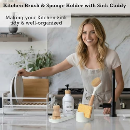 3 in 1 Ceramic Sponge&Brush Holder and Soap Tray Set, Leak-Proof Design to Keep Countertops Dry, Flexible Modular Placement, Modern Minimal Sink Organizer for Kitchen & Bathroom Countertop, White - size: L-Shape-Set