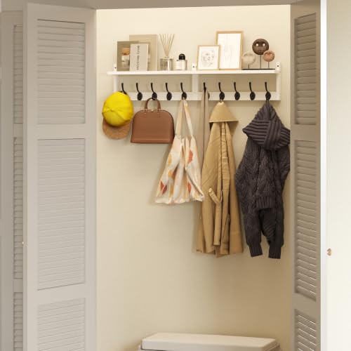 AMBIRD 34.2" L Wooden Wall Coat Hooks with Shelf - Versatile and Decorative Wall-Mounted Storage - 10 Hooks for Hanging Coats, Hats, Keys, Bags, Scarves - Ideal for Entryways, Bedrooms, Closets(White) - size: 34.2 inch, style: Modern White