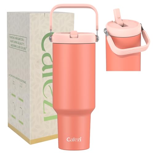 40 oz Insulated Tumbler with Top Handle and Flip Straw | Vacuum Insulated Stainless Steel Cup with Leak-Proof Lid, Sweat-Free, Fits Cup Holder, Keeps Ice Cold up to 30 Hours - color: Coral Orange, size: 40 Ounces