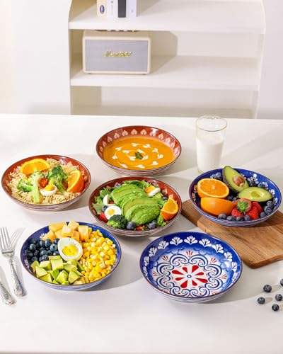 Yeacccng Bohemian Pasta Bowls Set of 6, 8.5 Inch 35 oz Ceramic Serving Bowls, Large Salad Bowl Bowls, Lead-Free, Dishwasher Microwave Oven Safe, Brown Blue Kitchen Decor - size: 8.5 inch pasta bowl (Brown*3 + Blue*3)