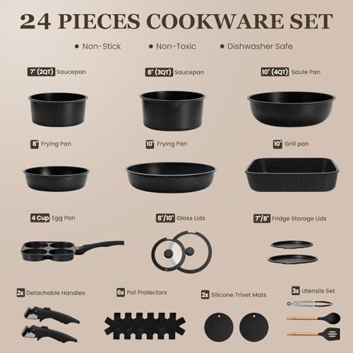KIKCOIN Nonstick Pots and Pans Set 24 Pack - Kitchen Cookware Set with Detachable/Removable Handle - Cooking Pans Set with Frying Pans, Egg Pan - Stackable, Oven Safe, Induction Ready - color: Black, size: 7 inches