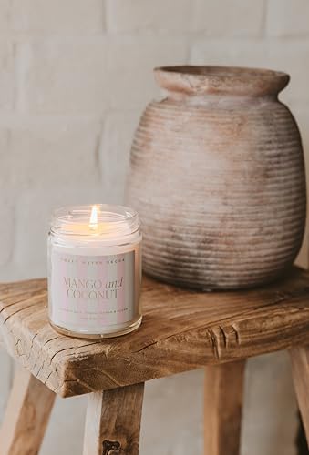 Sweet Water Decor Mango and Coconut Patterned Candle – Soy Candles with Pineapple, Mango, Orange, Peach – 40 Hour Burn – 9oz Clear Glass Jar – Ideal for Valentines Presents or Any Special Occasion - style: Mango and Coconut