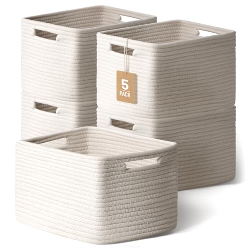 5 Pack Woven Storage Baskets, Decorative Storage Bins for Organizing | 13.8'' × 9.8'' × 7.9'', Soft Cotton Rope Basket Organizer for Closet, Shelves, bathroom, Nursery, Toys, Books, Pantry, White - color: White