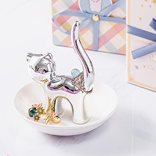 PUDDING CABIN Cat Ring Holder Gift for Women, Cat Mom Mothers Day Gifts, Birthday Gifts for Women Girls Friends, Cute Kitty Ceramic Jewelry Rings Earrings Necklace Holder Home Decor - style: Sliver Cat