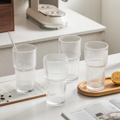 INSETLAN 20oz Ribbed Glass Tumbler Set of 8 – Large Capacity Drinking Glasses for Iced Coffee, Water, Juice, and Cocktails – Elegant Modern Glassware for Everyday Use and Special Occasions
