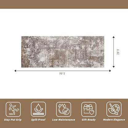 2x5 Washable Kitchen Rug Runner – Non-Slip Abstract Modern Neutral Small Rug for Bathroom, Hallway, Bedroom, Laundry Room, Entryway – Soft Low-Pile Thin with Rubber Backing (Brown Beige, 2x5) - color: Brown Beige, size: 2' x 5' (Rectangular)
