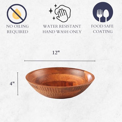 12" x 4" Wood bowl with hand carved pattern | 4.3 quarts capacity | wooden bowl for food, serving salads, pasta, cereal or popcorn | kitchen counter centerpiece bowl for fruits |