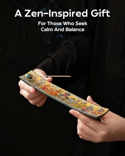 Chinese Incense Stick Holder with Ash Catcher - Ceramic Incense Burner with Ancient Painting, for Zen Meditation, Home Decor & Gift