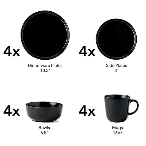 ARORA SKUGGA Round Stoneware 16pc Dinnerware Set of 4, Dinner Plates, Side Plates, Cereal Bowls, Mugs - Matte Black (472979) - color: Black-Bowl/Mug, style: Round-Service for 4(16pcs)