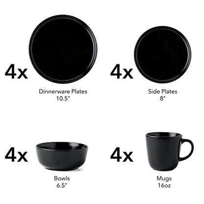 ARORA SKUGGA Round Stoneware 16pc Dinnerware Set of 4, Dinner Plates, Side Plates, Cereal Bowls, Mugs - Matte Black (472979) - color: Black-Bowl/Mug, style: Round-Service for 4(16pcs)