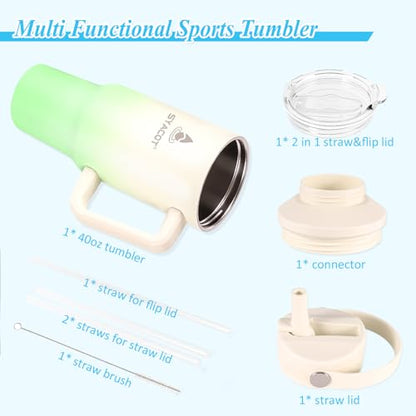 40 oz Tumbler with Handle and Straw or Convert to 40 oz Insulated Water Bottle Fits in Cup Holder. Stainless Steel Metal Water Flask with 2 Lids for Travel,Camping,Gym Sports Coffee Mug Thermal Cup - color: Cream Green