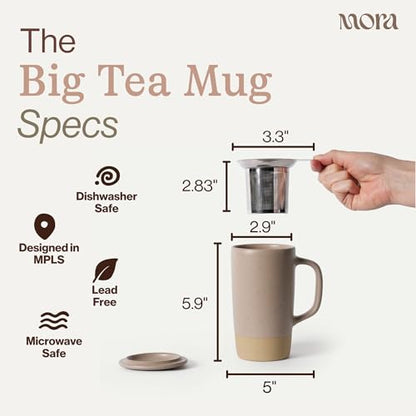 Mora Ceramics Large Tea Mug with Loose Leaf Infuser and Ceramic Lid, 18 oz, Portable, Microwave, Dishwasher Safe, Tall Coffee Cup - Rustic Matte Ceramic Glaze, Modern Herbal Tea Strainer, Mushroom - color: Mushroom