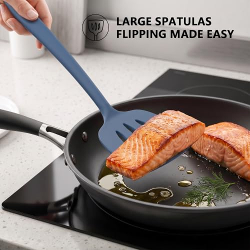 Coukre 3 Pack Silicone Spatula Set, Heat Resistant to 500°F, BPA-Free | Fish Spatula, Solid & Slotted Turners, Dishwasher Safe, Spatula Set for Eggs, Pancakes, Fish & Burgers, PureDarkBlue - color: PureDarkBlue
