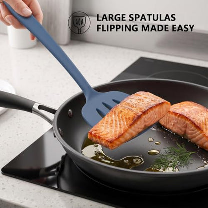 Coukre 3 Pack Silicone Spatula Set, Heat Resistant to 500°F, BPA-Free | Fish Spatula, Solid & Slotted Turners, Dishwasher Safe, Spatula Set for Eggs, Pancakes, Fish & Burgers, PureDarkBlue - color: PureDarkBlue
