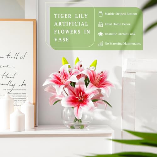 Artificial Tiger Lily Arrangement in Glass Vase, Realistic Touch Silk Flowers, FakeLilies with Faux Water - color: Light Pink