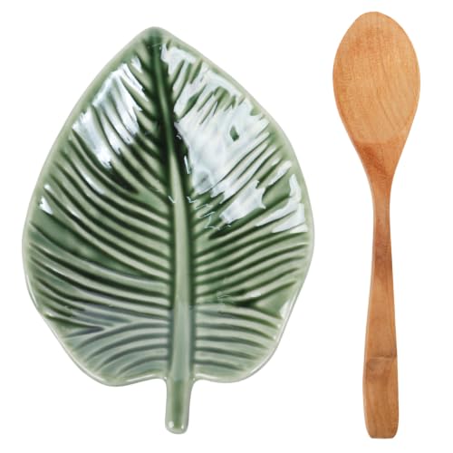 Green Leaf Spoon Rest - Cute Green Cooking Kitchen Countertop Holder with Wooden Spoon, Practical Utensil Spoons Rest for Stove Top Home Kitchen Decor - color: Green Leaf-Round