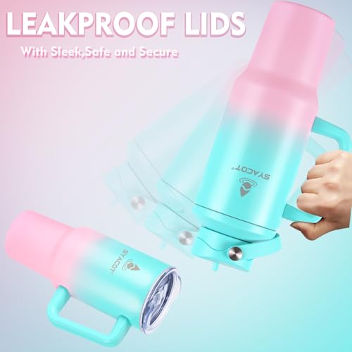 40 oz Tumbler with Handle and Straw or Convert to 40 oz Insulated Water Bottle Fits in Cup Holder. Stainless Steel Metal Water Flask with 2 Lids for Travel,Camping,Gym Sports Coffee Mug Thermal Cup - color: Mint Pink Gradient