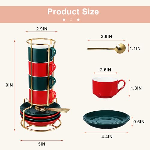 3 Ounce Espresso Cups Set of 4, Stackable Demitasse Mugs, Includes Display Stand, Cups Saucers & Spoons, for Machines & Home Use, Red Green Gold Tone - color: Red&Green
