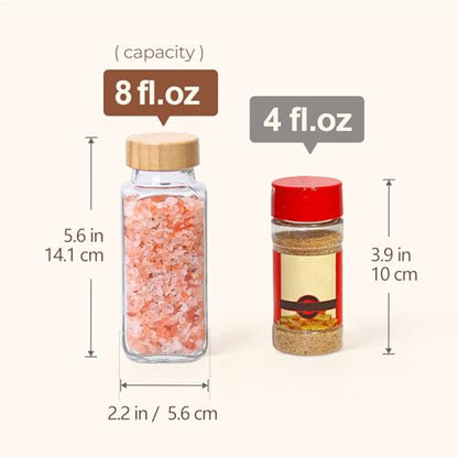 ComSaf Glass Spice Jars with with Labels 8 oz 6 Pack Bamboo Lids | Empty Containers, Seasoning Herb Powder, Salt Pepper Chili, Spice Rack Organization, Kitchen Cabinet Storage, Funnel Included - color: 8oz*6 Bamboo Lids