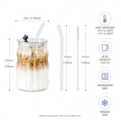 6 Packs Glass Cups with Lids and Straws, 18oz Ribbed Iced Coffee Glass Tumblers, Suitable for Juice, Milk Tea, and Smoothies, Includes Cleaning Brushes