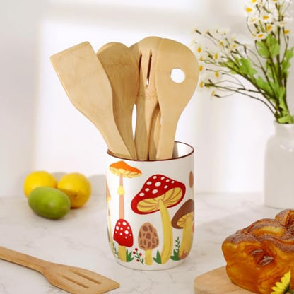 Nefelibata Mushroom Ceramic Utensil Holder Rustic Functional Utensil Crock | Kitchen Storage Decor Perfect for Storing Cooking Tools and Cutlery Keep Organized Large Crock for Countertops