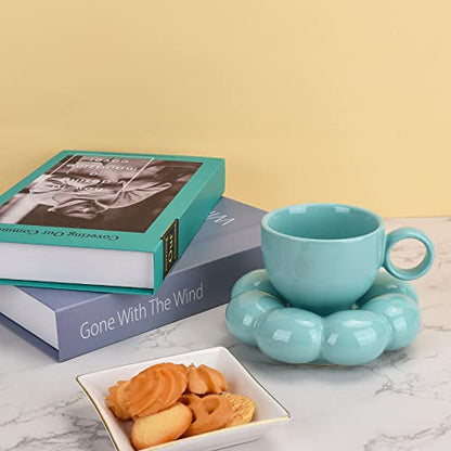 Koythin 6.5oz Sunflower Saucer Mini Ceramic Mug, Blue-Green Tea Latte Cup | 200ml Refreshing Small Mug, Dual Safe Ceramic; Home Office Light Drink Cup, Aesthetic Decor - color: Blue-green