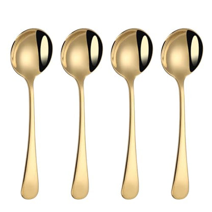 7" Round Soup Spoons Set of 4,18/10 Stainless Steel Heavy Duty with Deep Bowl,Fine Mirror Polished,Dishwasher Safe(Gold)