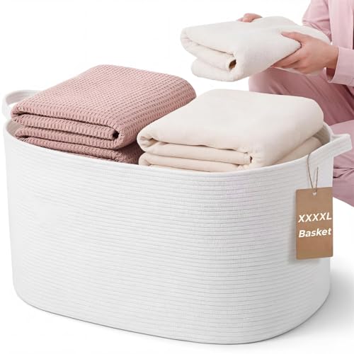 XXXXL 125L Extra Large Woven Blanket Basket, 25" x 18" x 17" Jumbo Cotton Rope Storage Basket with Handles Toy Storage Bins for Laundry Hamper Nursery Organizer Living Room Home(White) - color: White