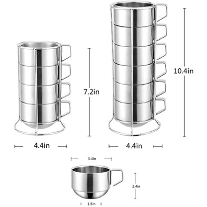 SZCXTOP 6.8 Oz Stainless Steel Coffee Cups Set of 4 Mug,Stackable Double Heat Insulation Metal Coffee Mugs with Stand Rack,Perfect for Cold Drinks or Hot Drink (4)