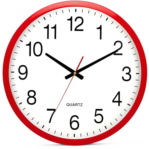 Bernhard Products Red Wall Clock Silent Non Ticking - XL 18 Inch Quality Quartz Battery Operated Round Easy to Read Home/Office/Classroom/School Clock - color: Red, size: 18 Inch